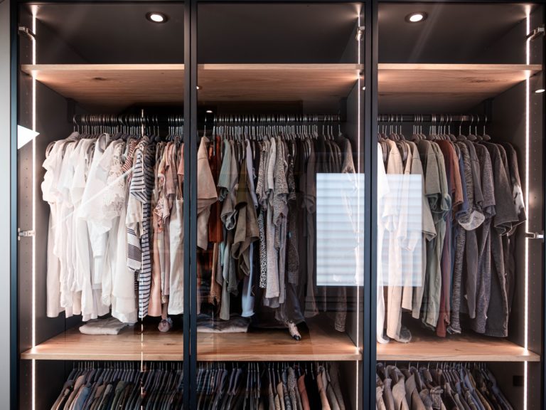 Walk-in closet with glass doors and black aluminum frames