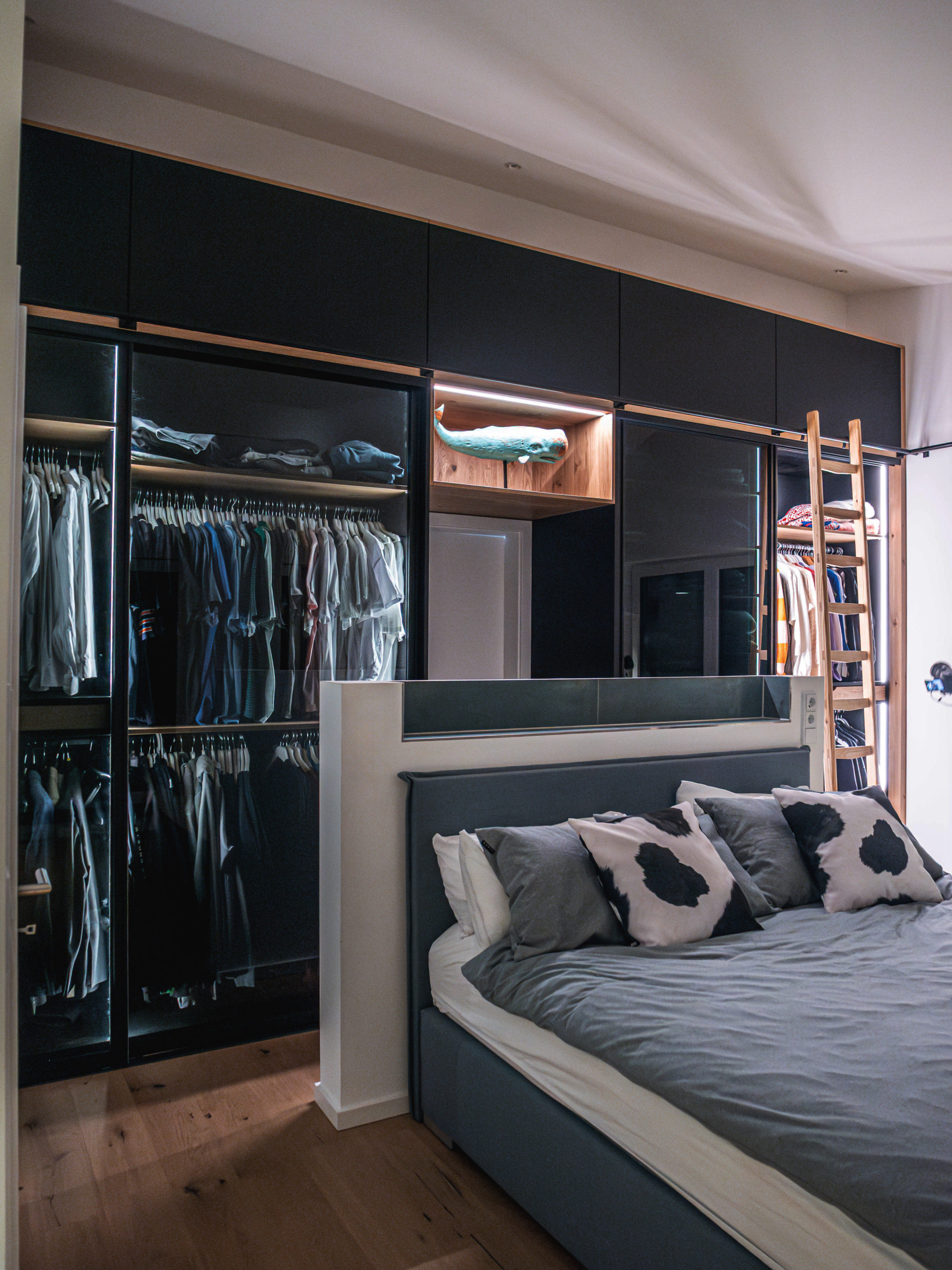 Bedroom wardrobe black smoked glass sliding doors with LED