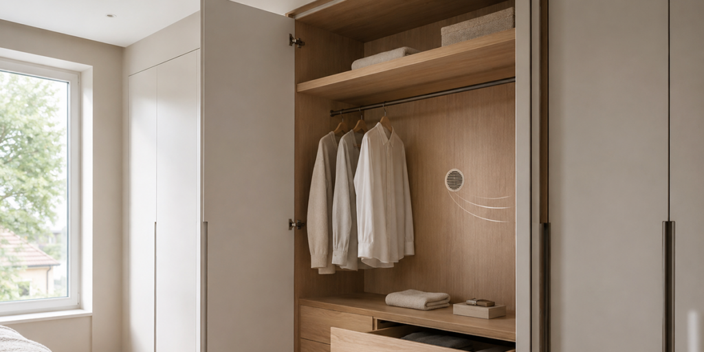 Custom-built built-in cabinet with a round ventilation grille for rear ventilation and to prevent mold