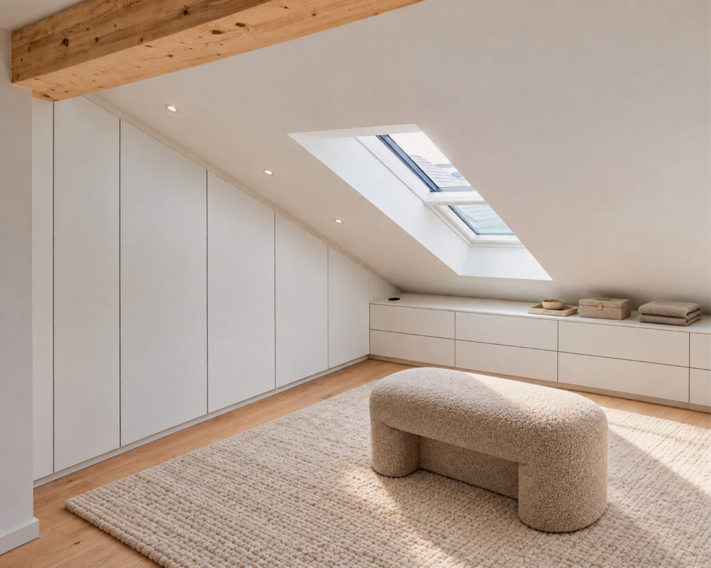 Custom-made white built-in closet under the sloped ceiling with a skylight