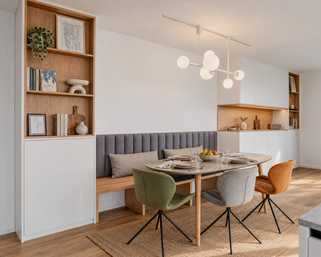 Custom built-in cabinet with a bench and open wooden shelves in the dining area