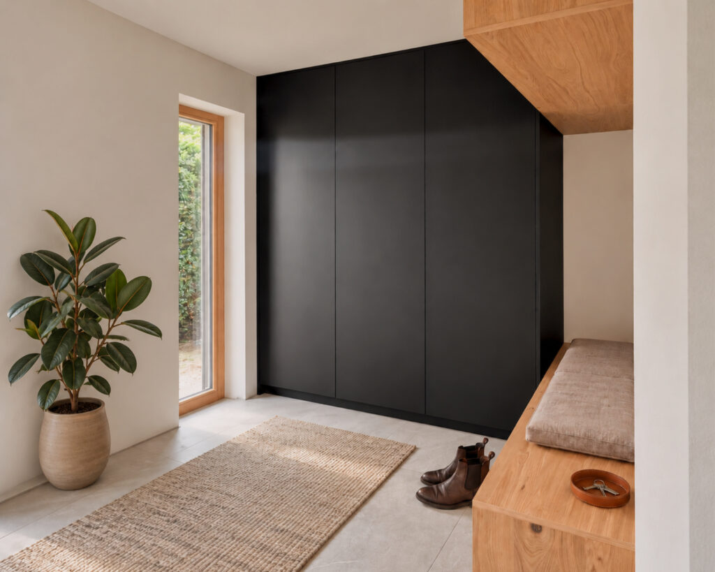 Custom-made wardrobe with black doors and a wooden bench in the hallway