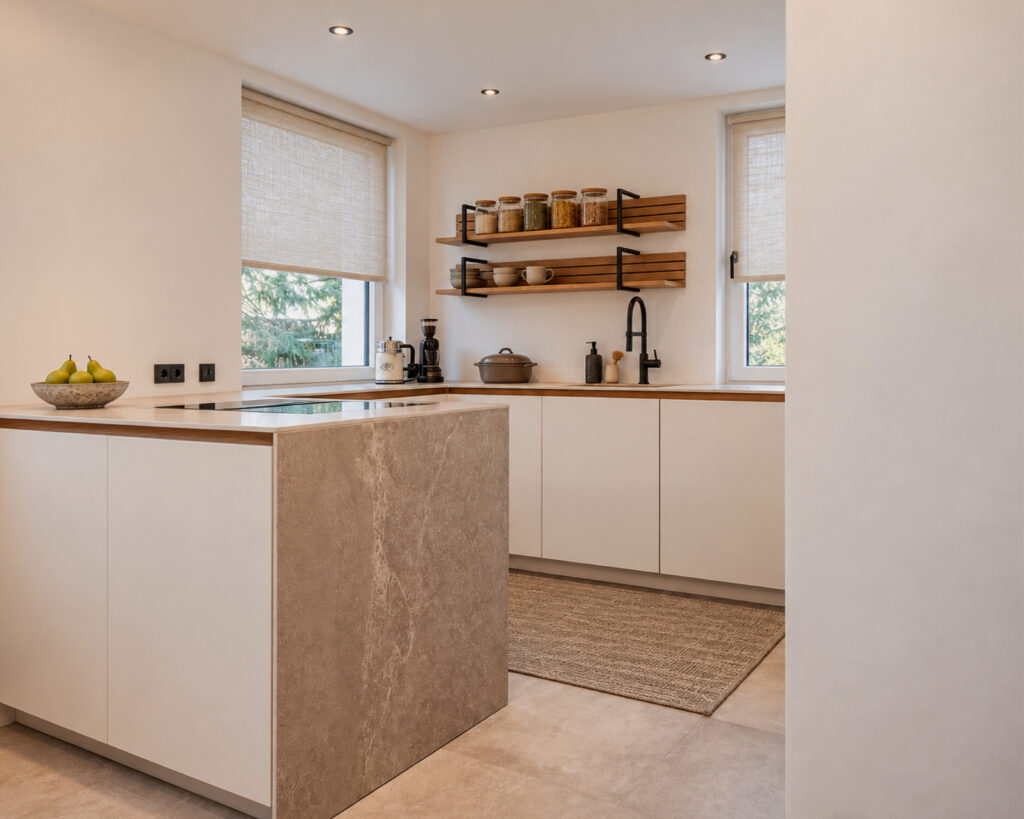 Custom kitchen with a stone-look kitchen island and open wall shelves