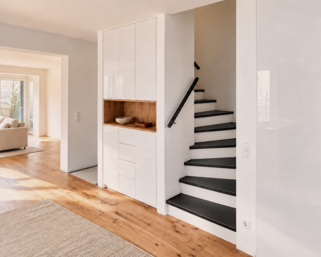 Custom-made white built-in cabinet with an open wooden shelf next to the stairs