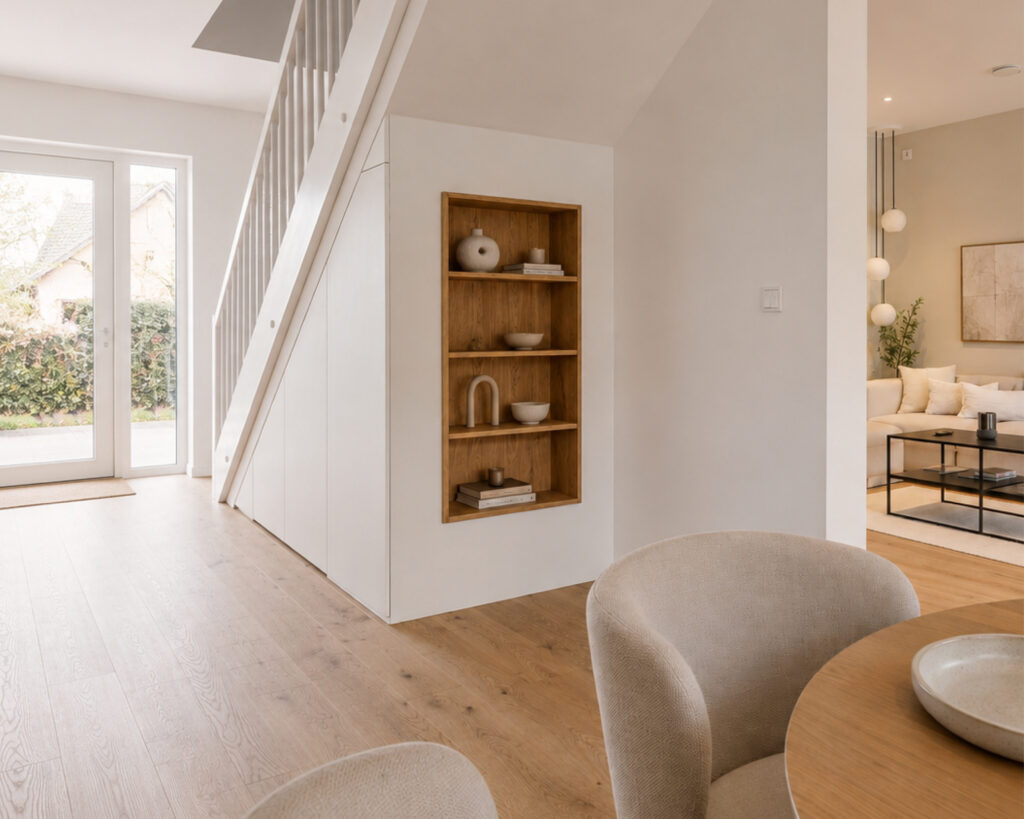 Custom-made stair cabinet with an illuminated wooden niche under the stairs
