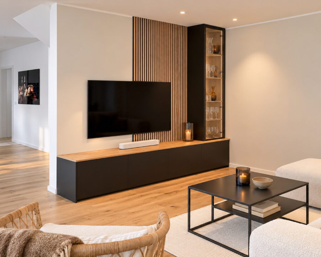 Custom-made living room wall unit with a black lowboard, wood panels, and a display cabinet in the living room