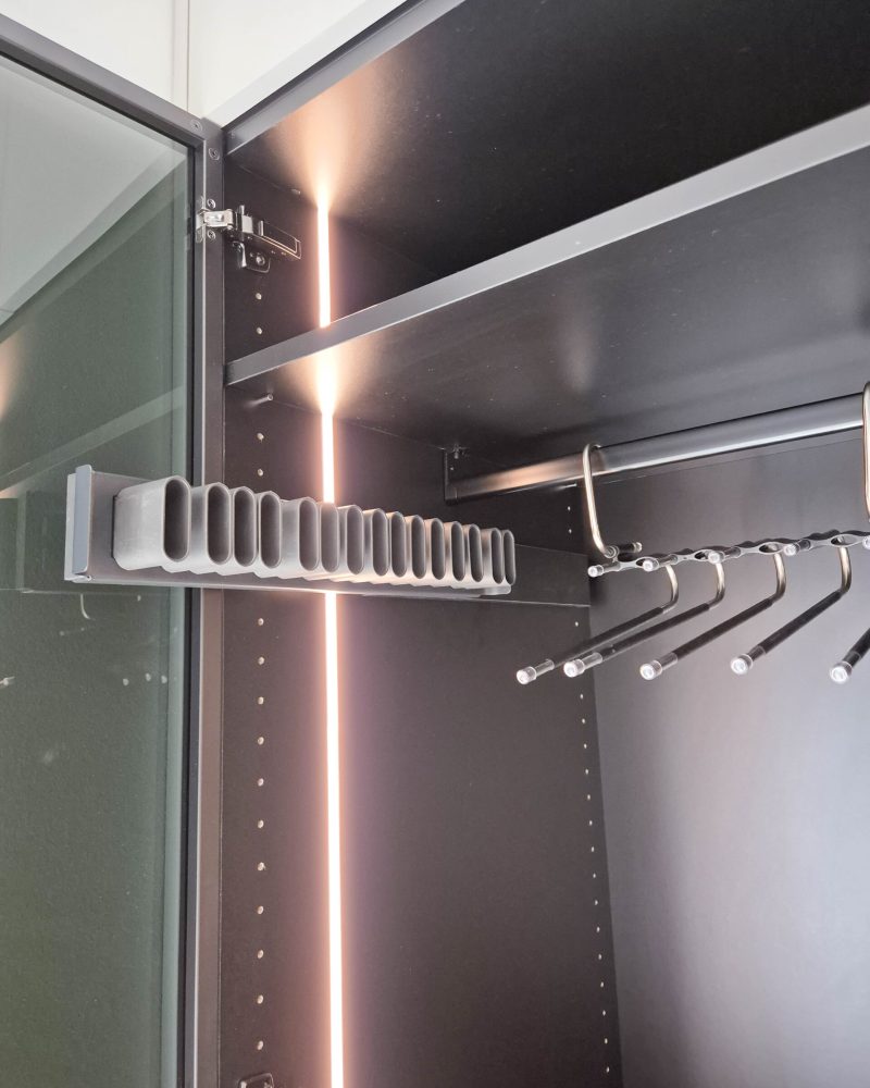 Detail of a custom-made wardrobe with interior lighting, a clothes rod, and an accessory holder