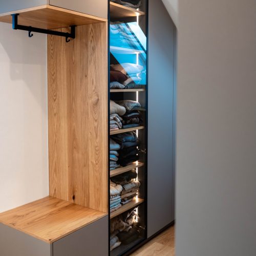 Walk-in Closet, Oak, Anthracite, LED, Glass Doors with Black Aluminum Frames