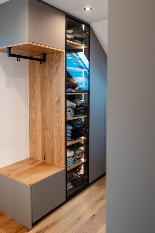Walk-in Closet, Oak, Anthracite, LED, Glass Doors with Black Aluminum Frames