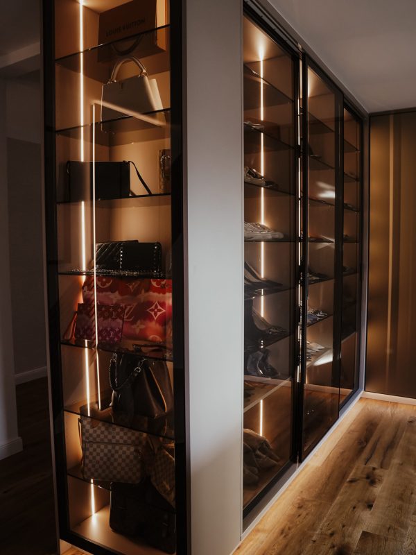 Walk-in closet with glass doors and aluminum frames