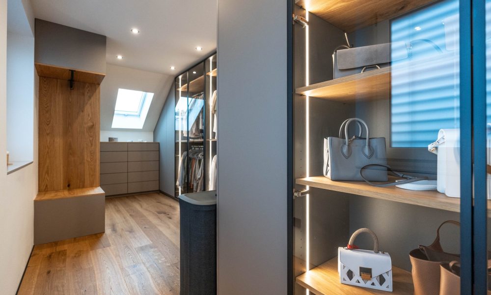 Walk-in closet with glass doors and black aluminum frames
