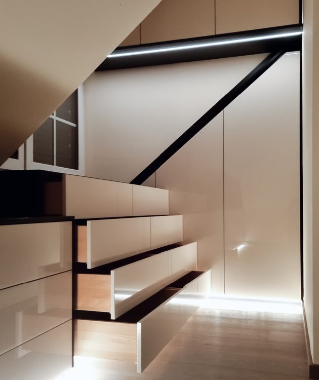 Ankleidezimmer weiß Hochglanz mit Dachschrägenschrank LED-Fussleiste