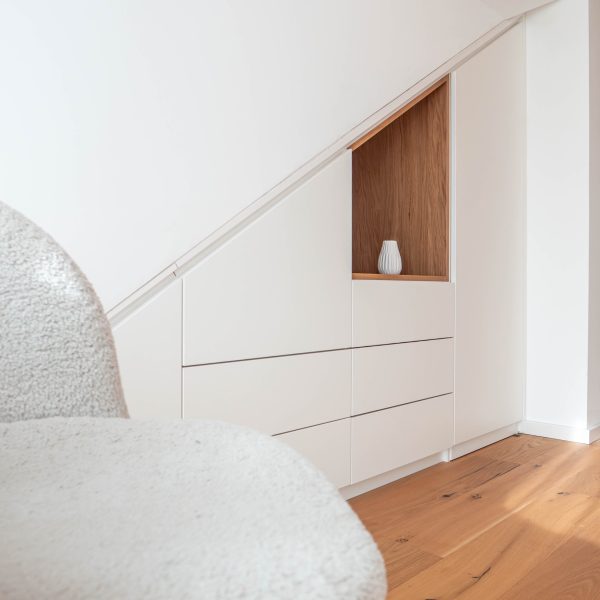 Walk-in attic closet, matte white with oak inlay