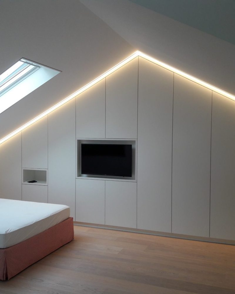 White sloping ceiling cabinet with inlay for TV and LED