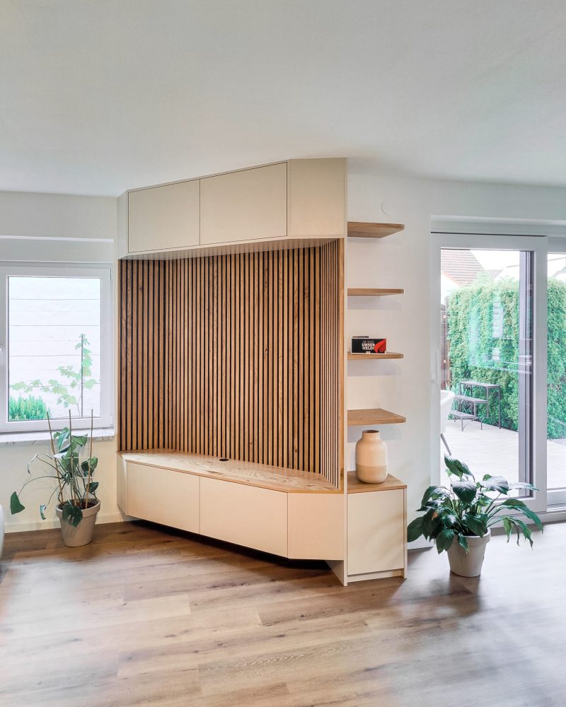 Wall unit with wooden panels