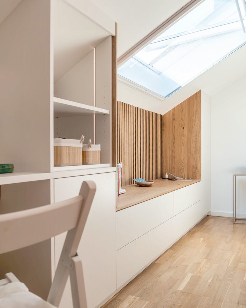 Sloping ceiling cupboard matt white LED panels