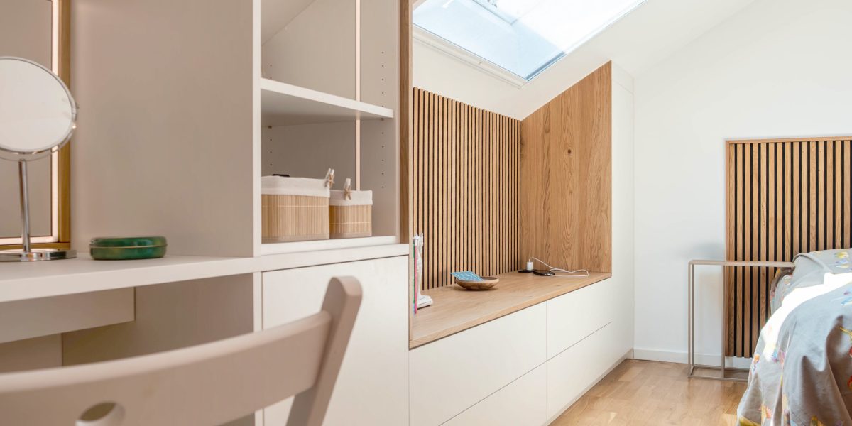 Sloping ceiling cupboard matt white LED panels