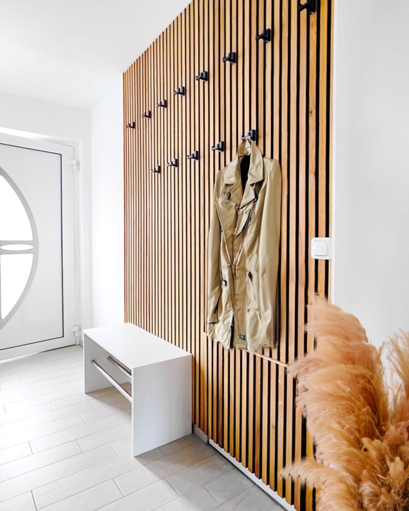 Wardrobe with white shoe rack and wall panel