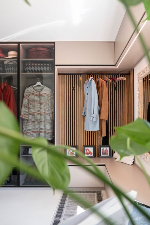 Wardrobe cabinet, almond beige, glass doors, black aluminum frame