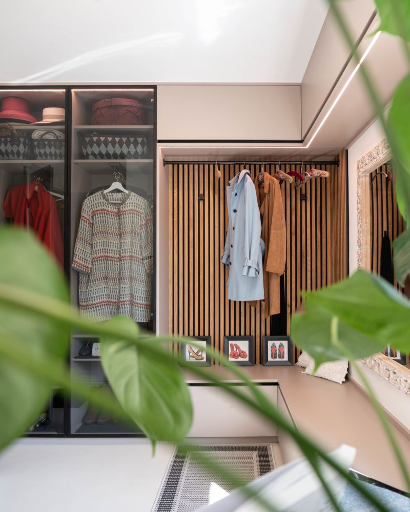 Wardrobe cabinet, almond beige, glass doors, black aluminum frame