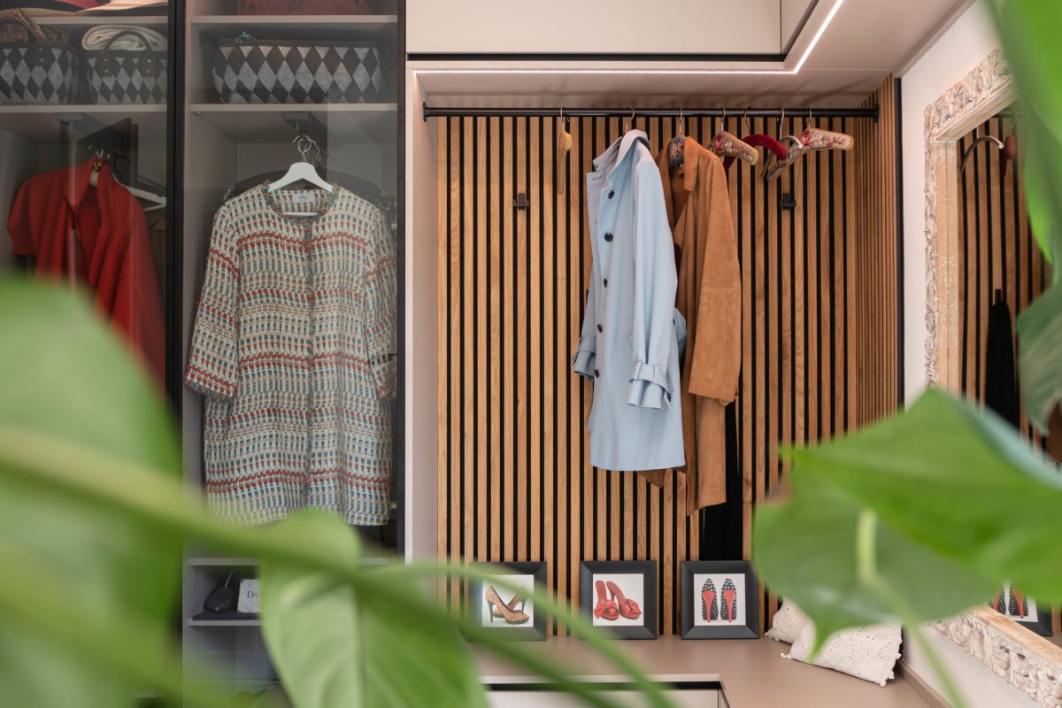 Wardrobe cabinet, almond beige, glass doors, black aluminum frame