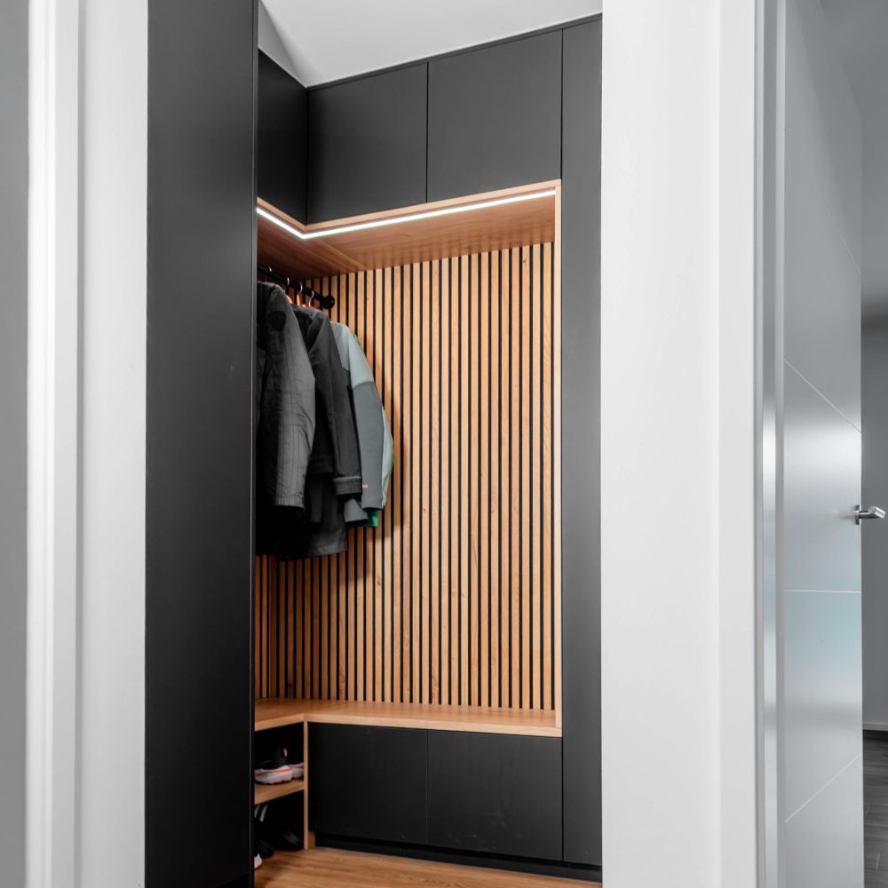 Wardrobe matt black panels oak LED