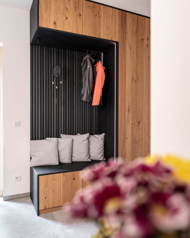 Wardrobe cabinet, black textured charcoal oak LED