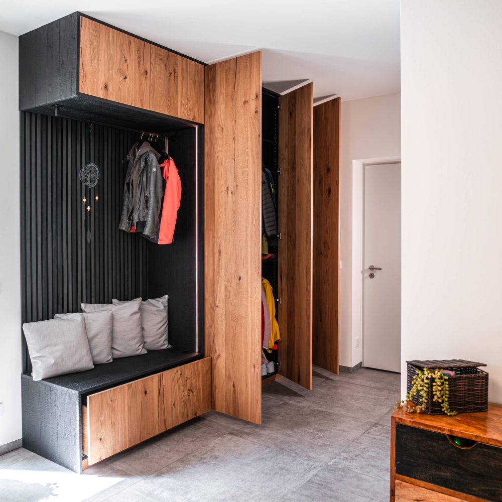 Wardrobe cabinet, black textured charcoal oak LED