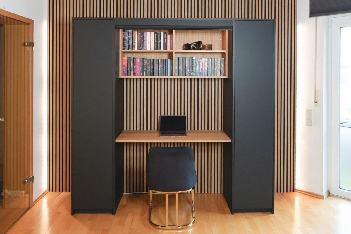 Anthracite office cabinet with electric roller shade