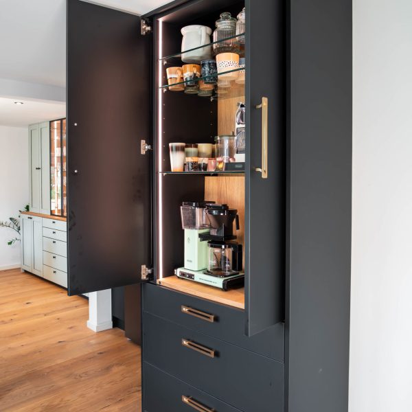 Coffee cabinet open with retractable doors