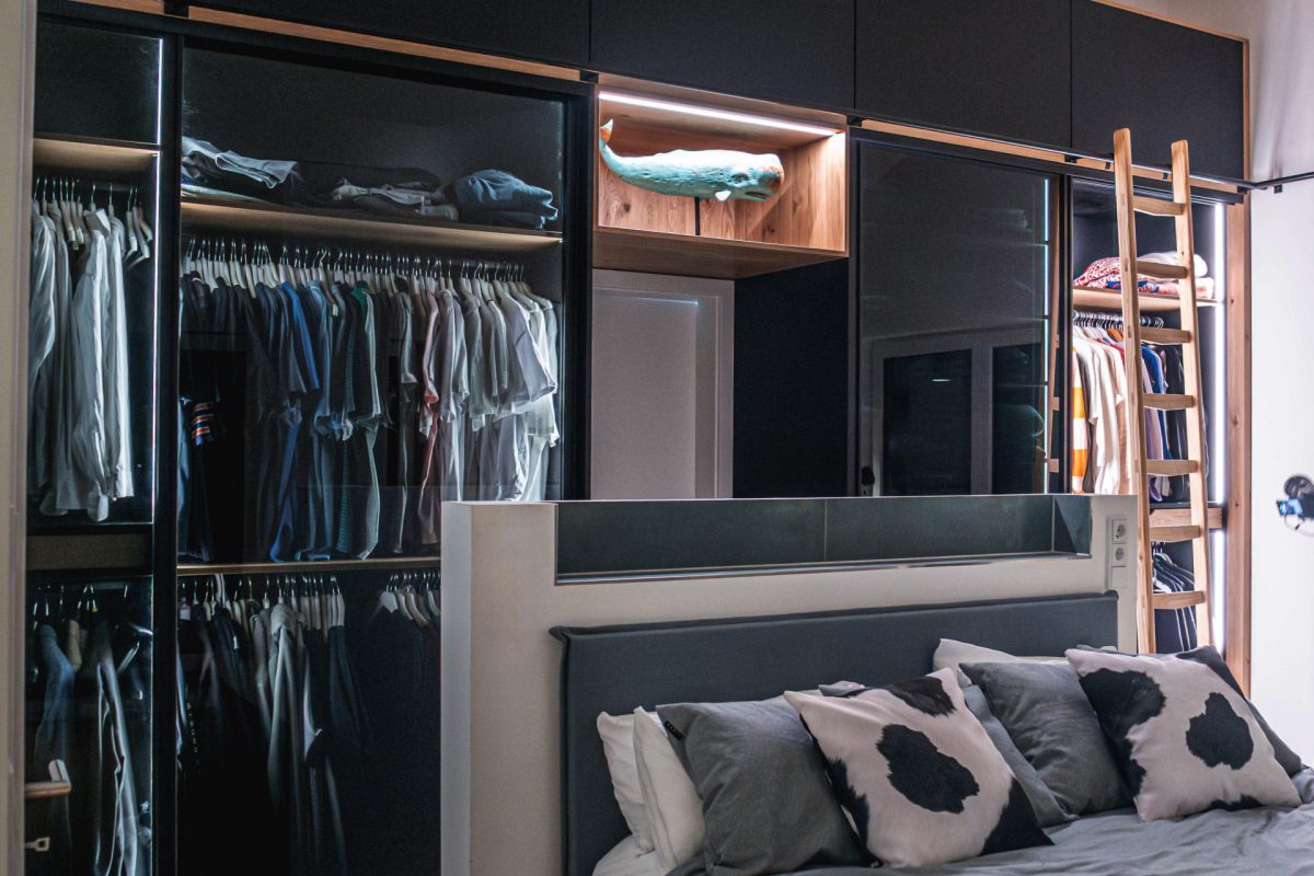 Bedroom wardrobe black smoked glass sliding doors with LED