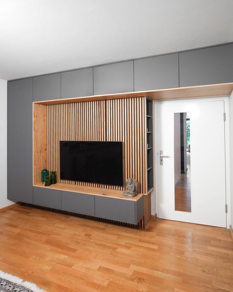 Wall unit anthracite oak wall panels with open shelf unit at the side