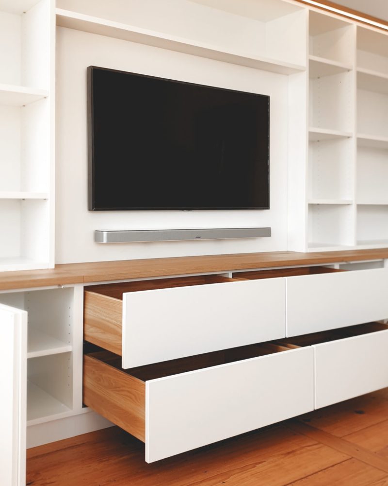 White modern living room cabinet with space for a TV